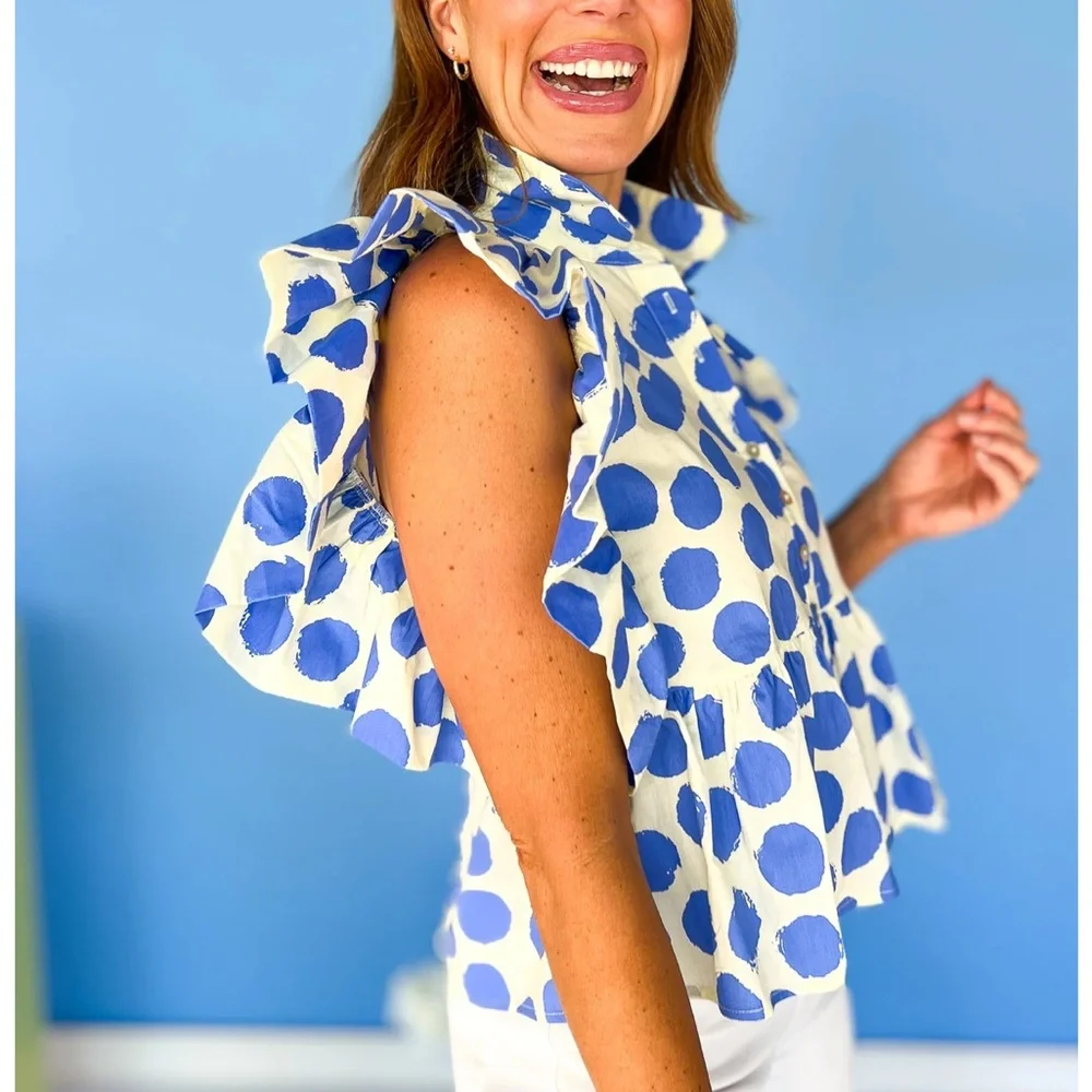 JODIFL White and Blue Polka Dot Ruffle Blouse - Picture 3 of 10